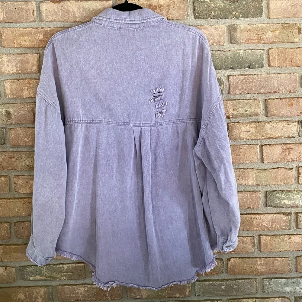 Lavender Distressed High Low Jacket Oversized Small P2P 23” - Picture 2 of 11